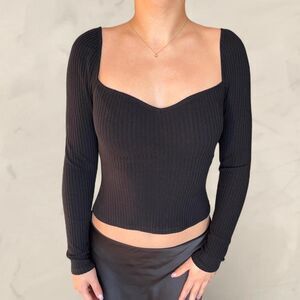 Reformation black knit long sleeve top October sweetheart neckline small ribbed